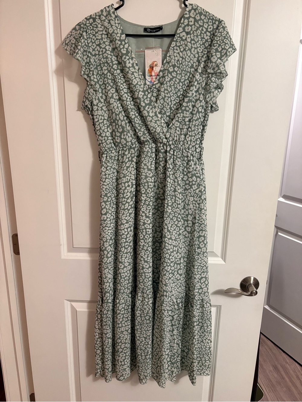Sage Green Printed Wrap Midi Dress with Ruffle Sleeves